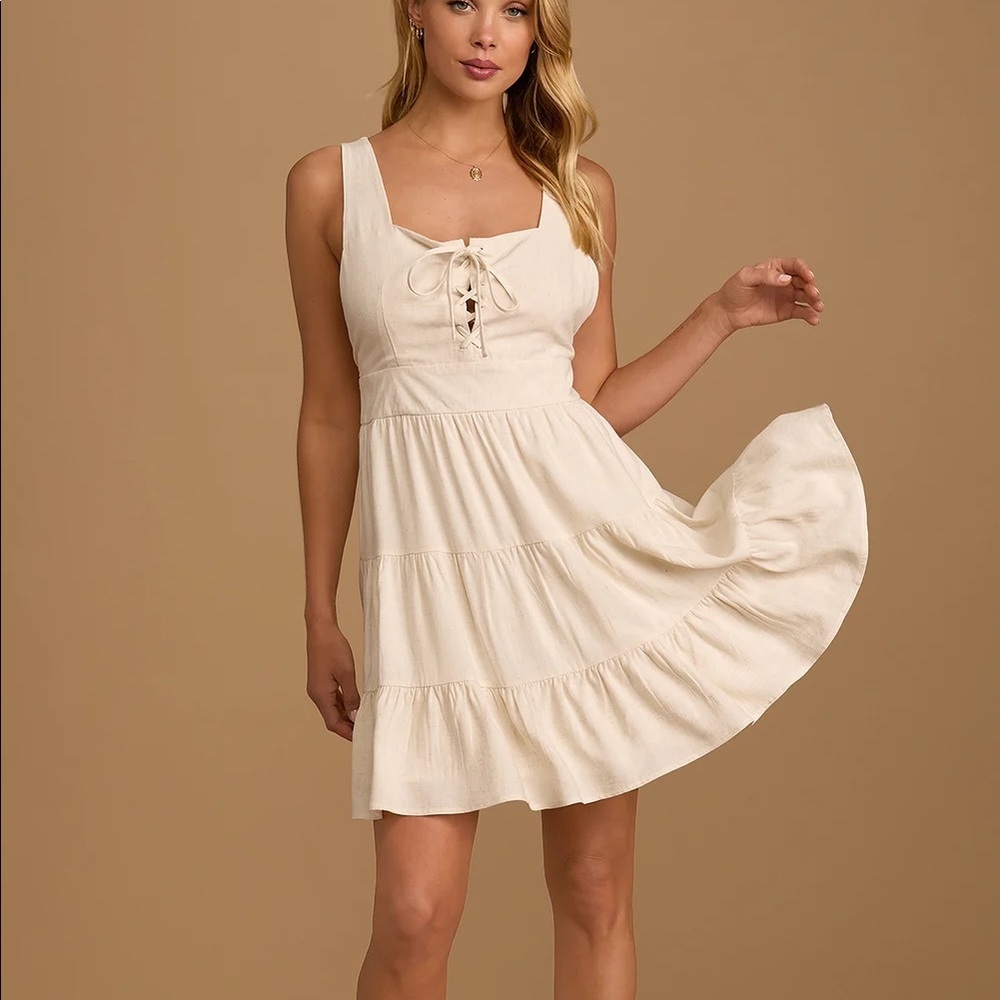 NWT Lulus Linen Dress Beige Lace-Up Tiered Mini Dress Size XS